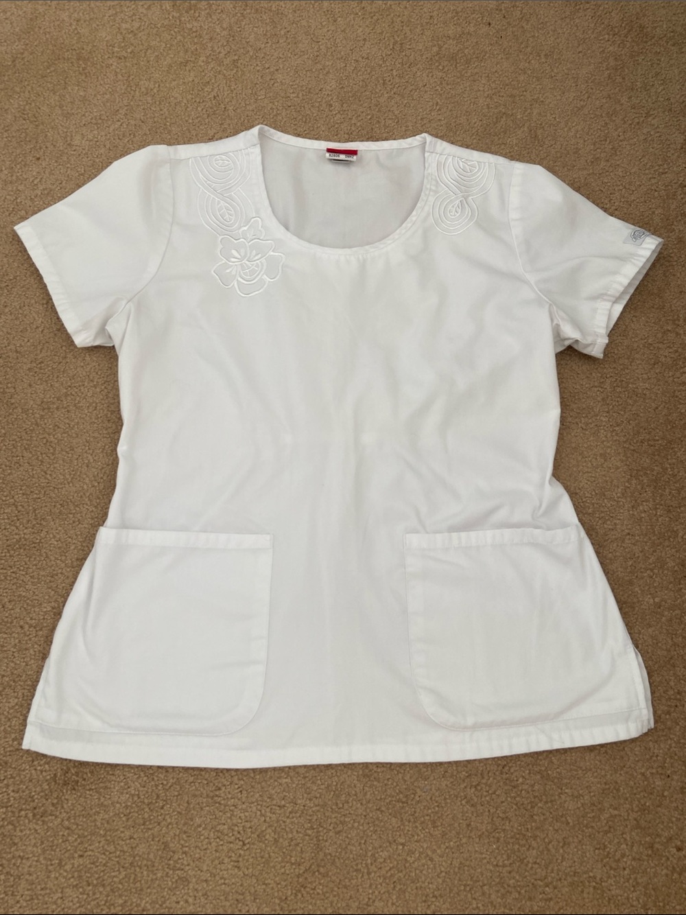 Dickies White Scoop Neck Embroidered Pocket Scrub Top
